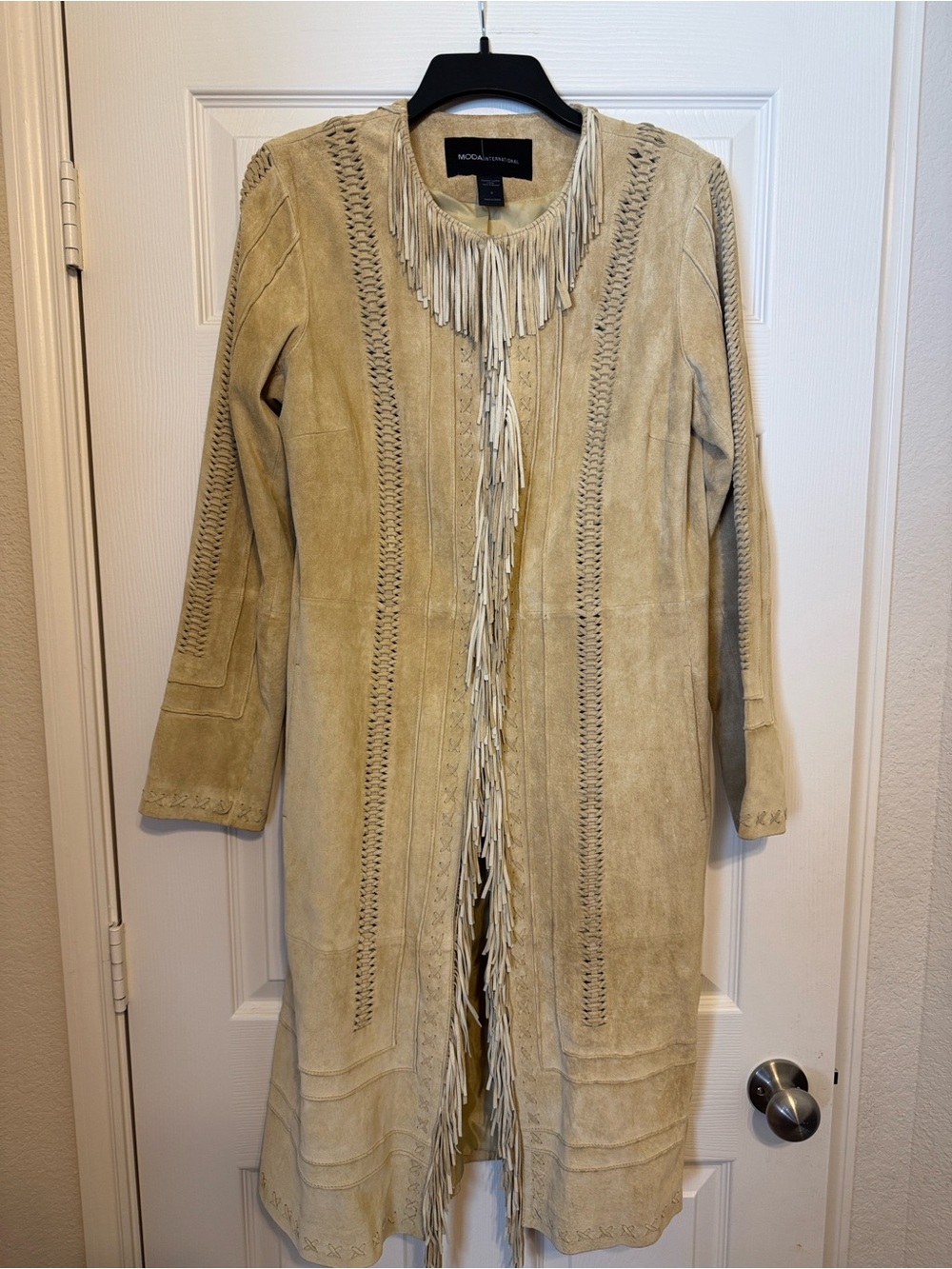 VINTAGE Moda International Beige Fringe Suede Long Jacket